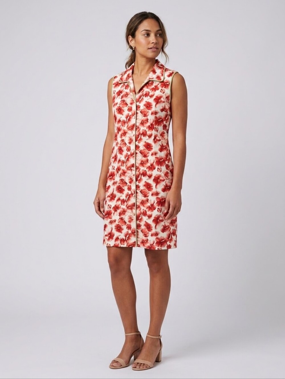 Mac & Jac Red Floral Poppy Sleeveless Button Front Dress Stretch M/L